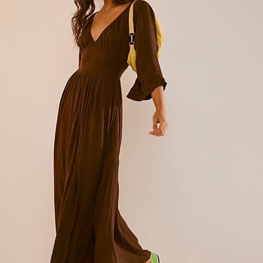 Free People Dixie, Brown Bell Sleeve Maxi Gown